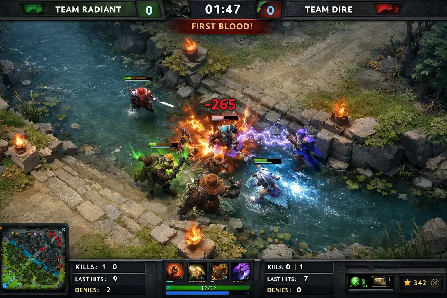 Momento de primera sangre en una partida profesional de Dota 2