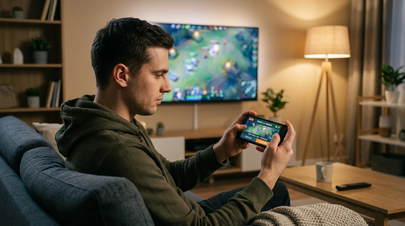 Apostador de esports utilizando plataforma móvil para apuestas en vivo de Dota 2
