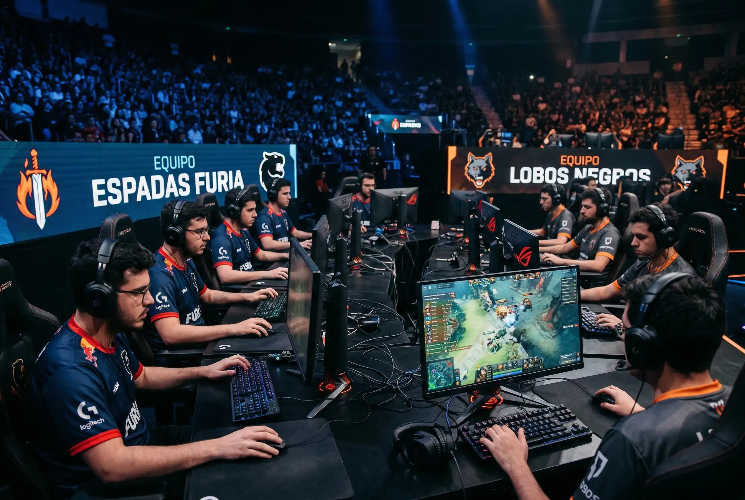 Jugadores de esports compitiendo en una serie de partidas de Dota 2 en escenario