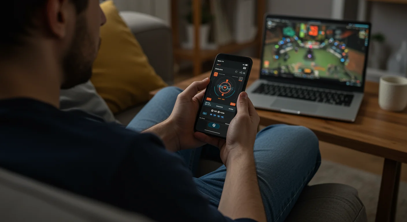 Joven adulto viendo una partida de esports en el móvil con interfaz de apuestas