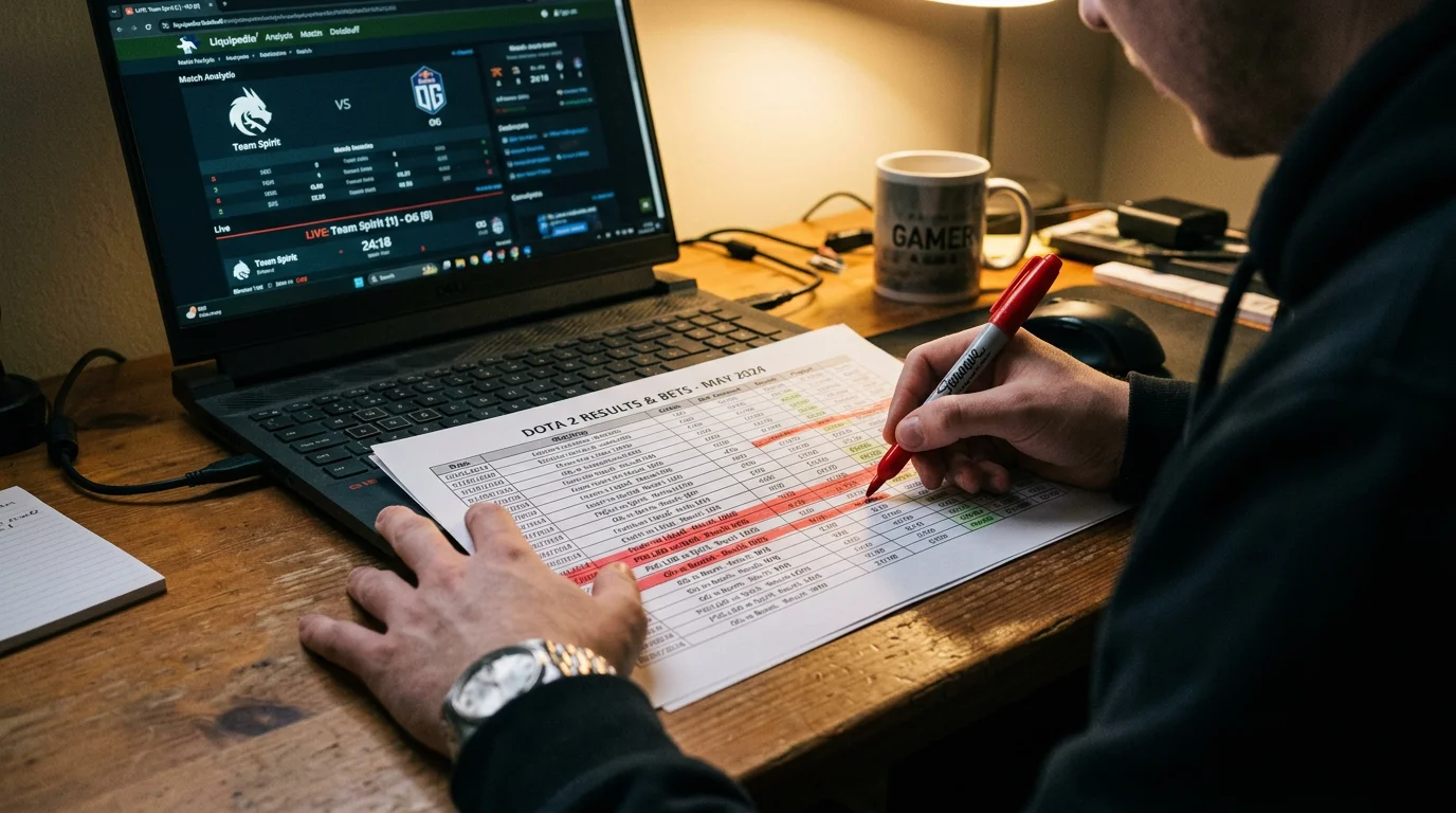 Apostador de esports analizando errores en su historial de apuestas de Dota 2