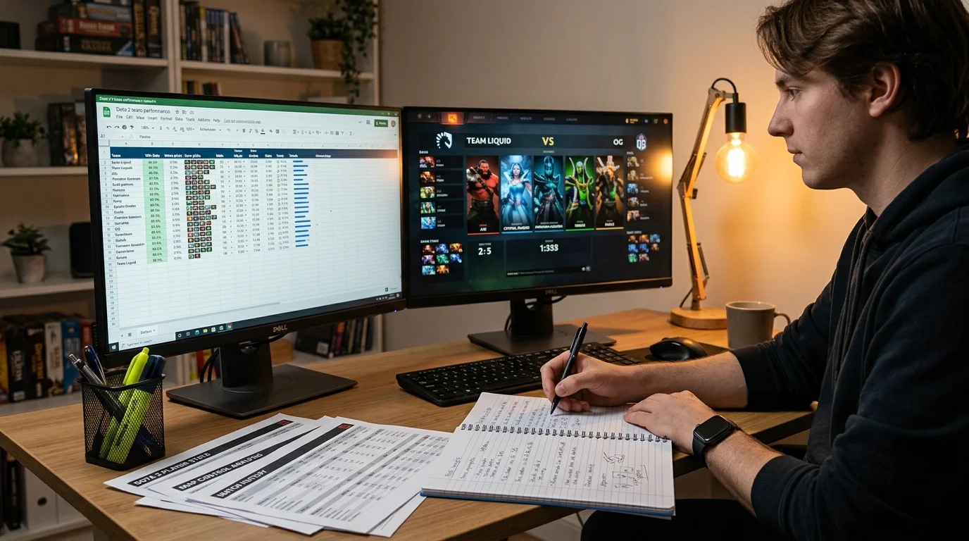 Analista revisando datos de equipos y draft antes de apostar en Dota 2