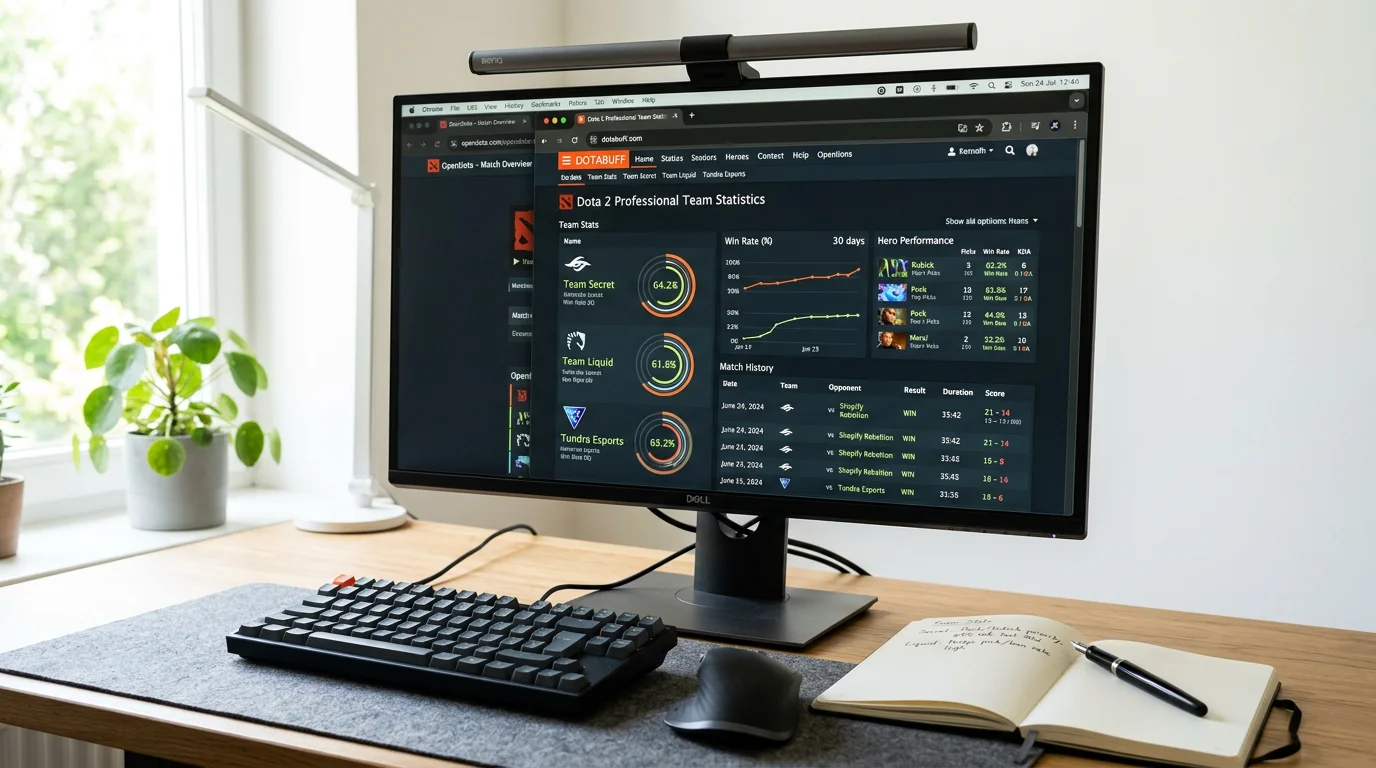 Pantalla con estadísticas de Dotabuff y OpenDota para análisis de apuestas en Dota 2