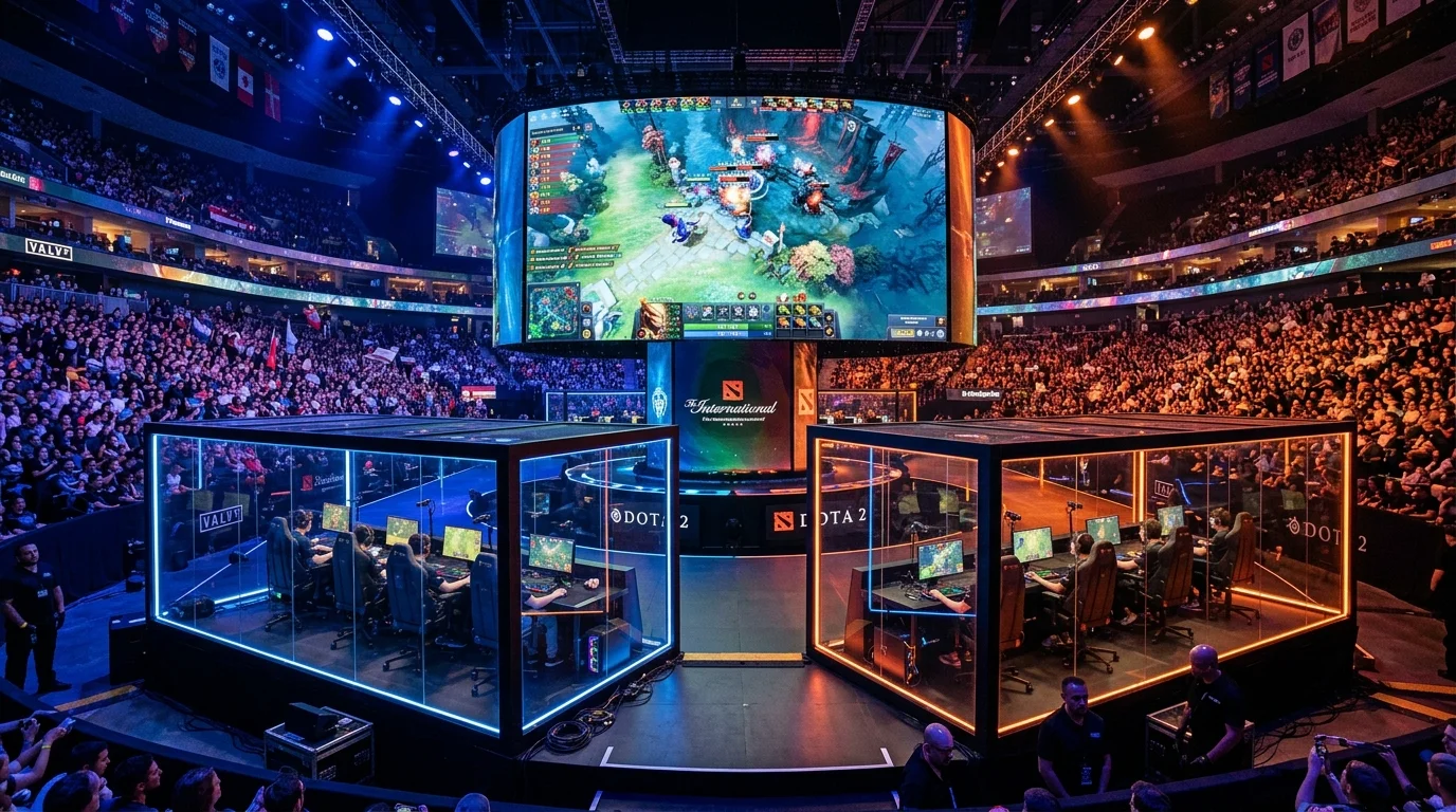 Escenario de torneo LAN de Dota 2 con jugadores profesionales en cabinas